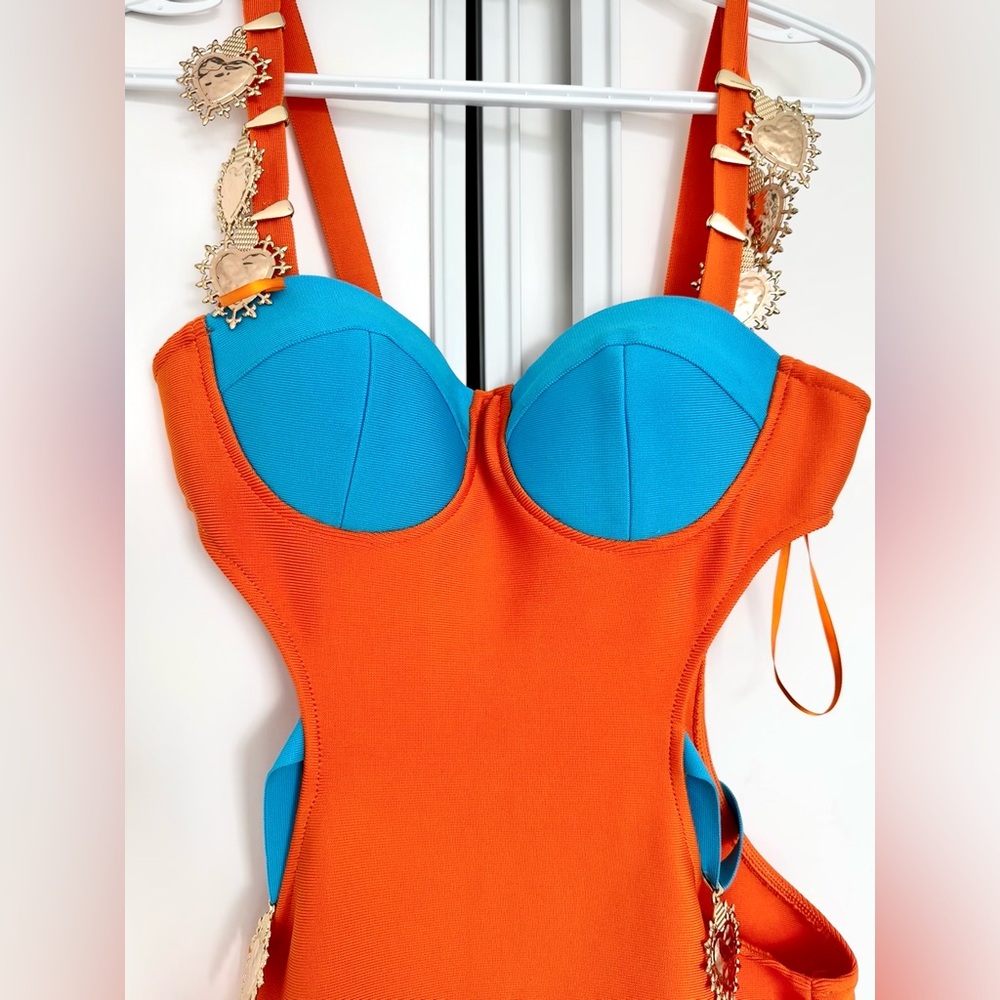 Color block orange and blue bandage dress with chrome embellishments *brand new*